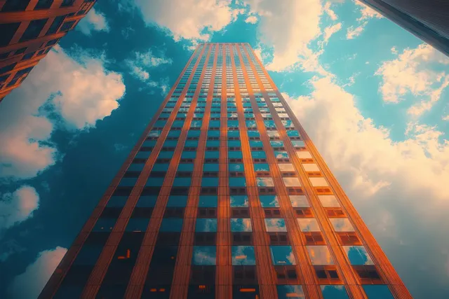A tall skyscraper with reflective glass windows towers upward against a partly cloudy golden-hour sky.