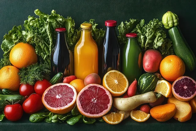 Colorful fruits, leafy greens, and juice bottles arranged on dark tabletop