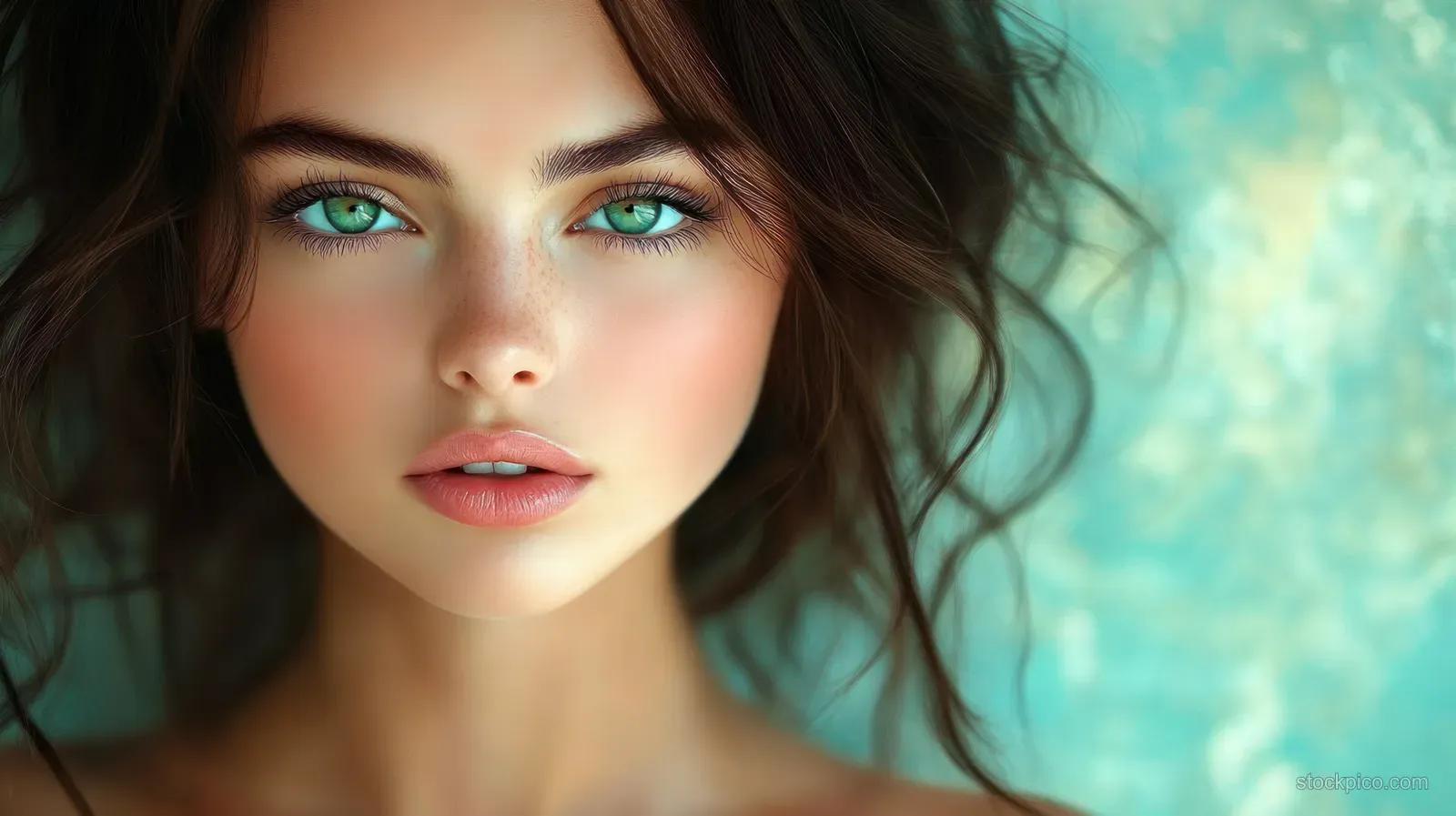Woman’s close-up portrait with curly brown hair against a textured turquoise background.