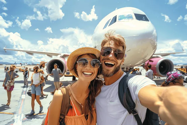 A couple takes a selfie on the airport tarmac beside a parked airplane under a blue summer sky.