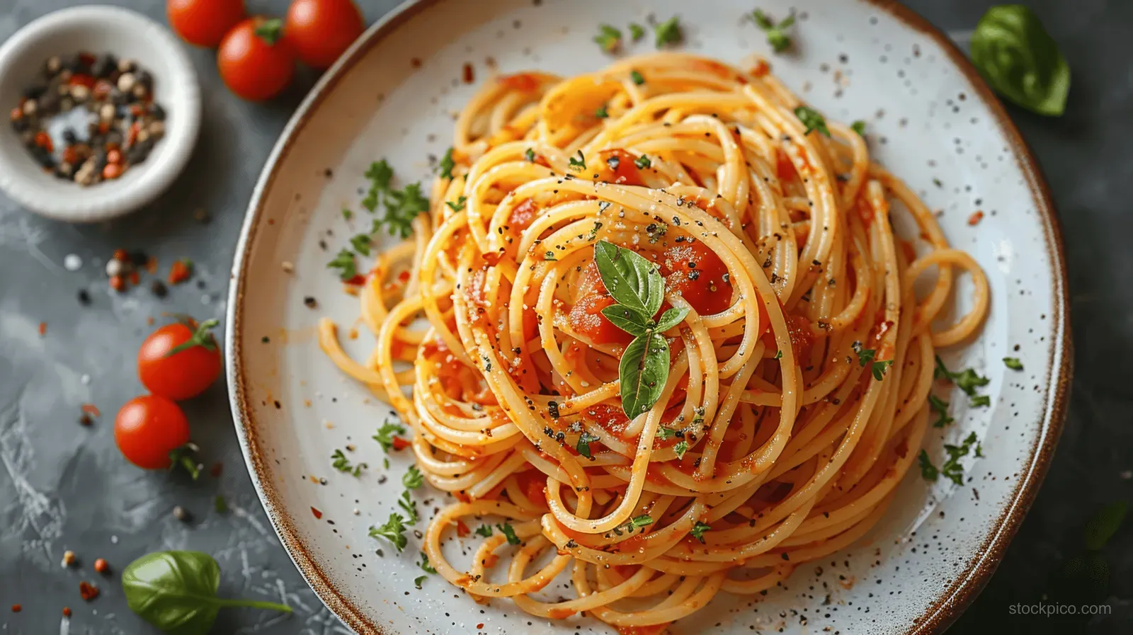 Top view of spaghetti with tomato sauce, basil, and Parmesan on a white plate.