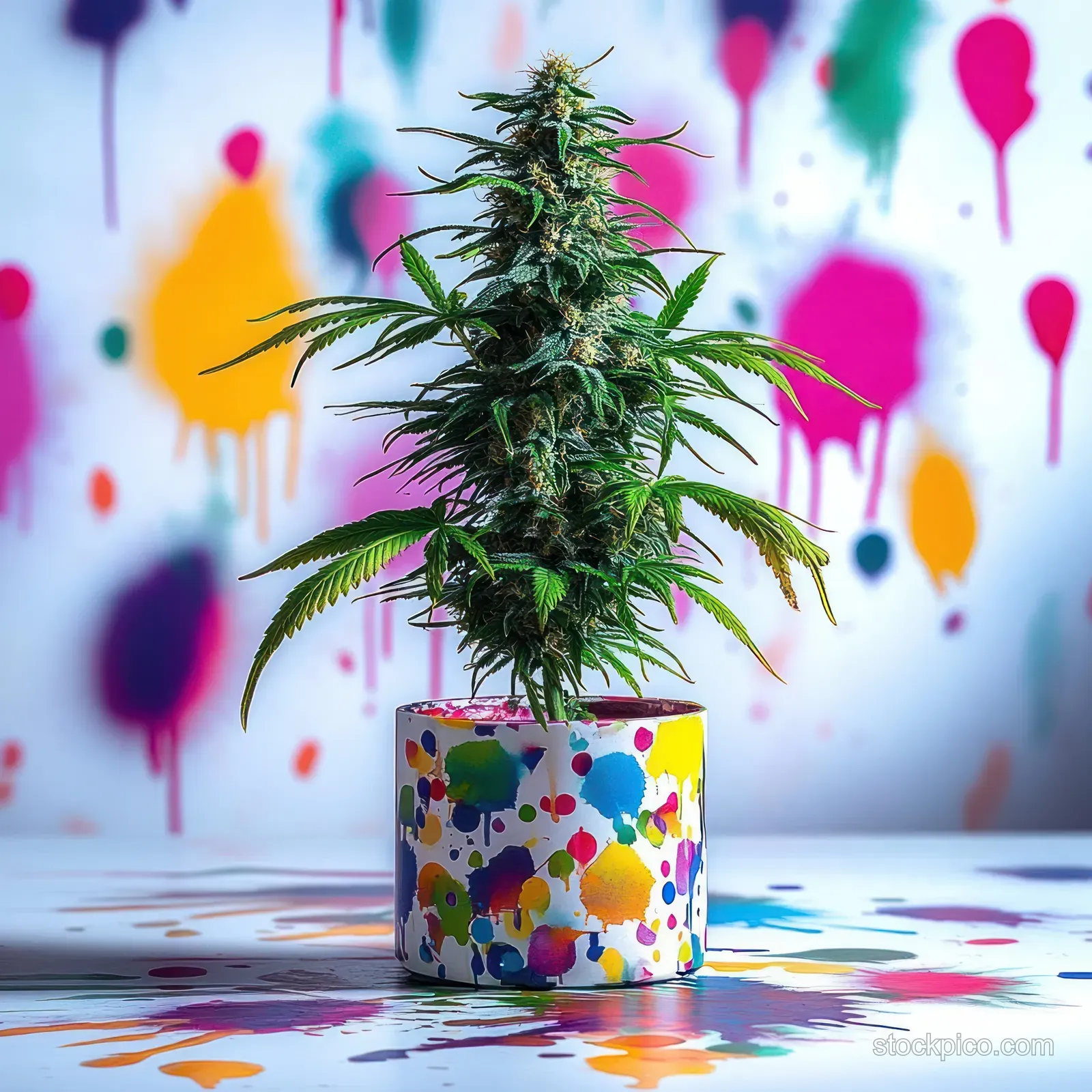 A cannabis plant stands in a paint-splattered pot with multicolor splashes on a white background.