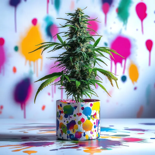 A cannabis plant stands in a paint-splattered pot with multicolor splashes on a white background.