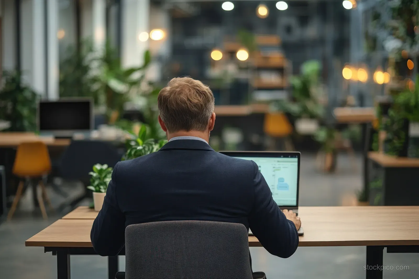Man in business attire works on a laptop from behind at a wooden desk in a plant-filled open office.