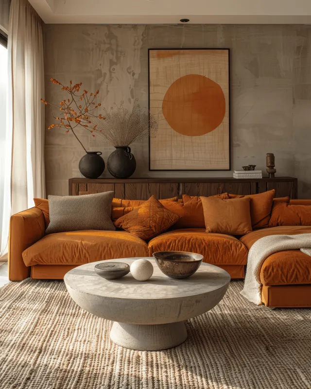Orange sofa and cushions sit behind a round concrete coffee table in a minimalist Scandinavian living room with framed art.