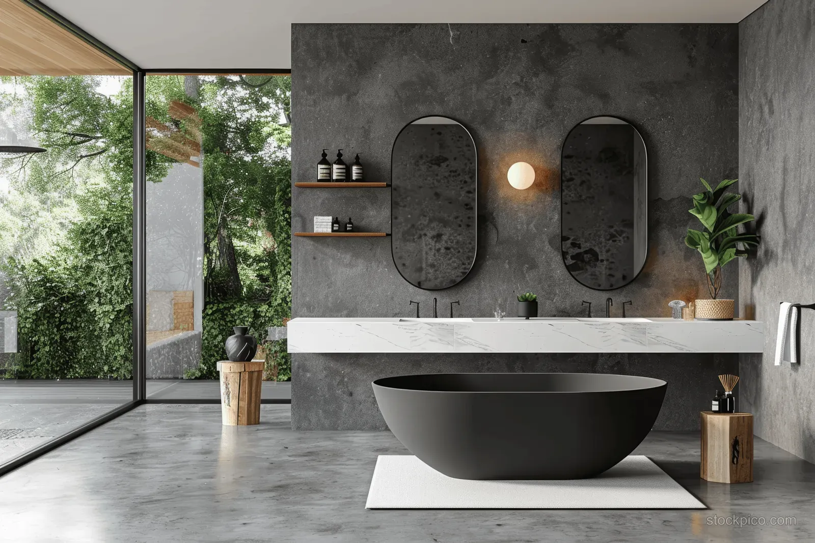 Modern bathroom interior with a black freestanding bathtub, marble countertop, stone wall, and large floor-to-ceiling windows.