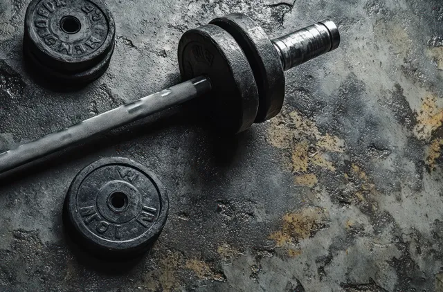 A worn barbell with weight plates sits on a gritty stained concrete floor.