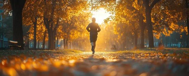 Senior man jogging along sunlit park path with dappled light and earphones