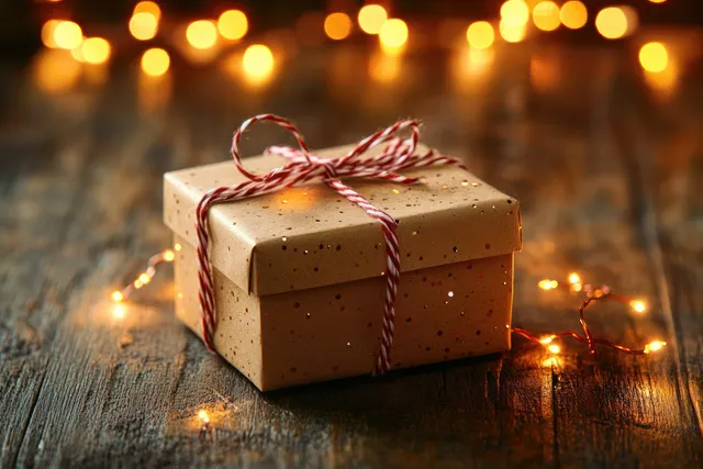 A beige gift box tied with red and white striped string on a wooden table with warm glowing fairy lights around it.