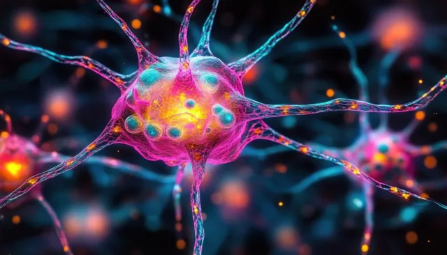 Glowing neuron close-up with branching dendrites connecting to a colorful neural network backdrop