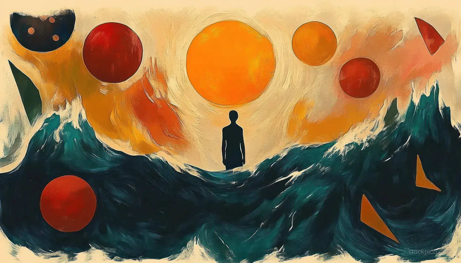 A solitary silhouette stands on dark, turbulent waves as warm orange and red orbs and geometric shapes float above.