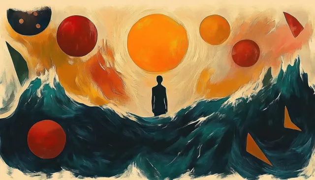 A solitary silhouette stands on dark, turbulent waves as warm orange and red orbs and geometric shapes float above.