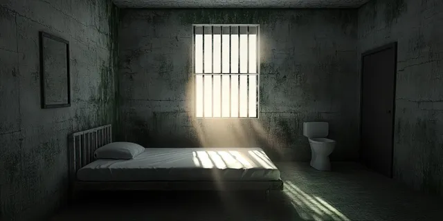 Dim prison cell interior with a metal bed, barred window sunlight beams, corner toilet, and closed door.