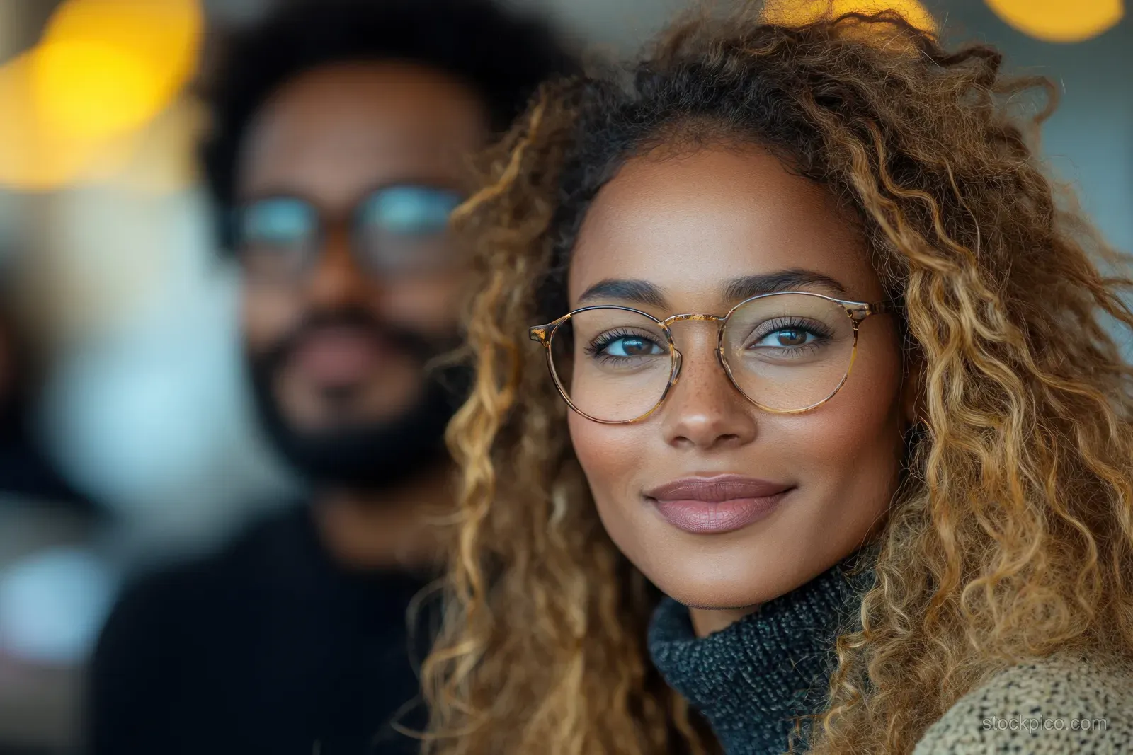 Two business professionals talk at office desks while warm bokeh lights blur the background.