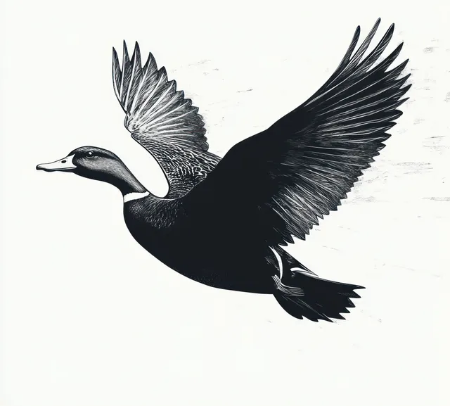 A black and white duck illustration flying in mid-air with outstretched wings and finely etched feather details.