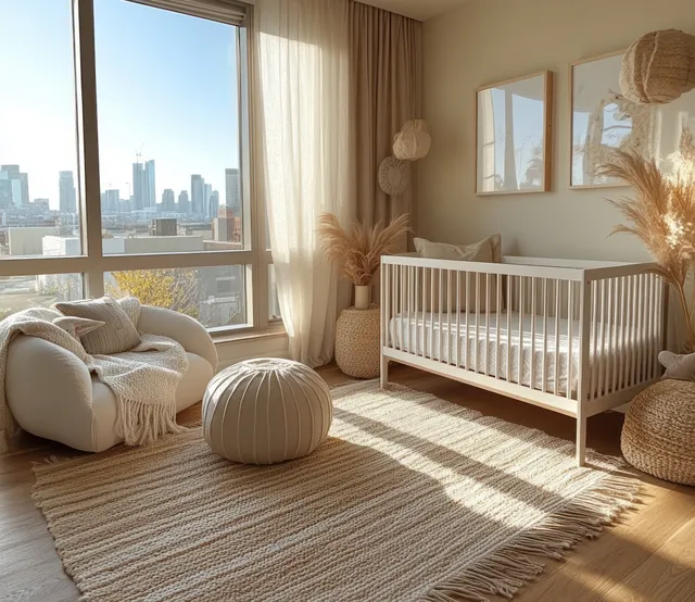 Minimalist nursery room with a white crib, neutral rug, and sunlit curtains beside a city view window.