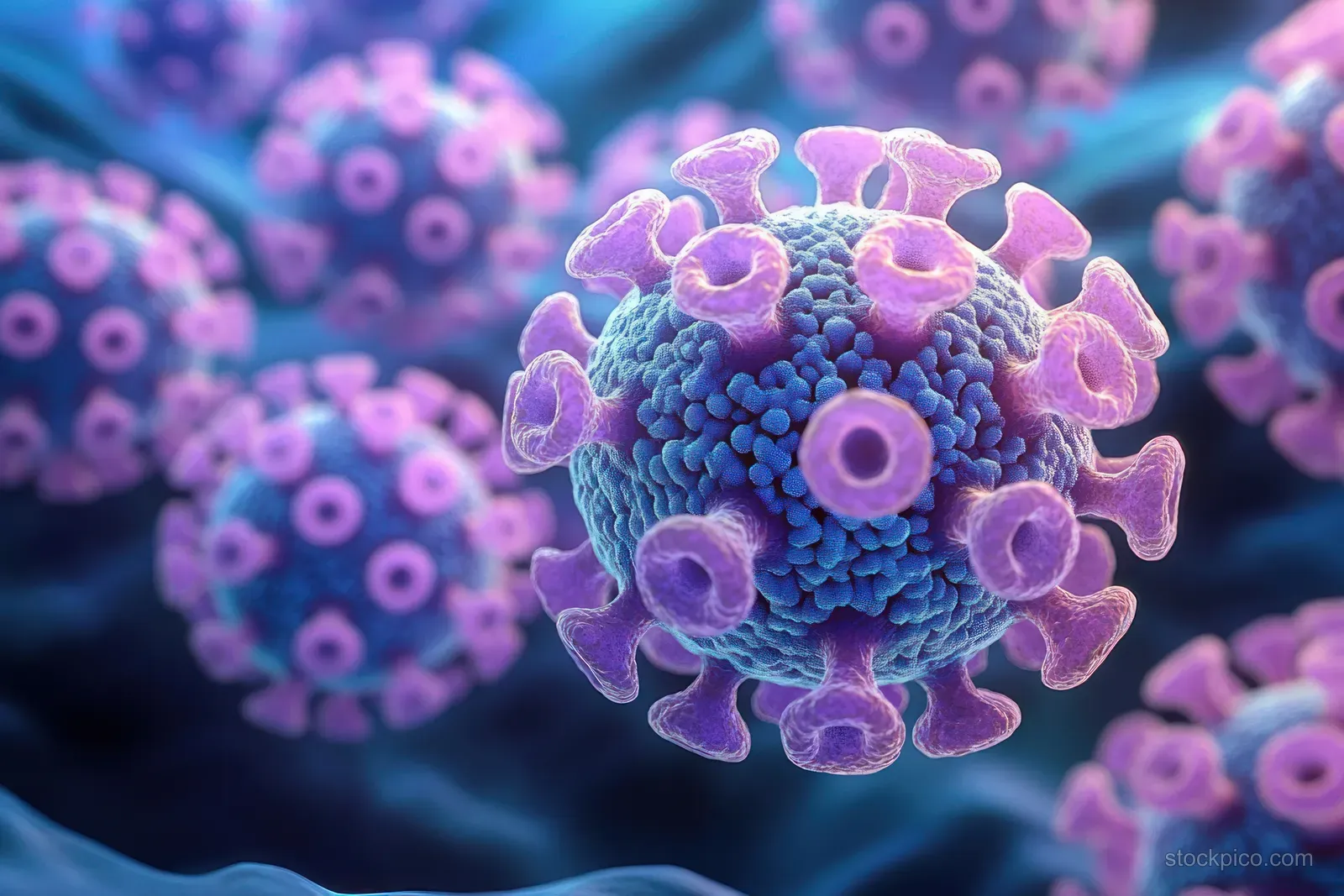 Purple and blue spherical virus particles with spike proteins cluster against a dark blurred background.