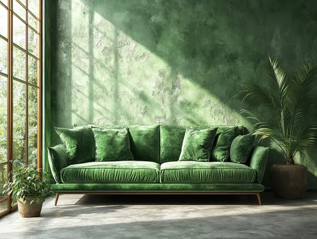 Sunlit living room with a modern green sofa, cushions, and tall potted plants beside a large window.