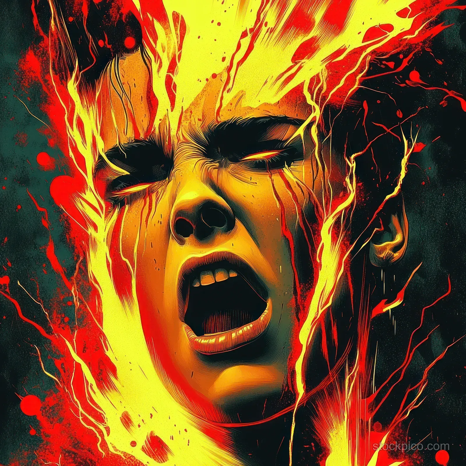 Pop-art angry woman yelling against a fiery red and yellow lightning burst background.