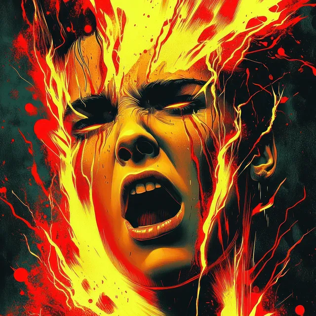 Pop-art angry woman yelling against a fiery red and yellow lightning burst background.