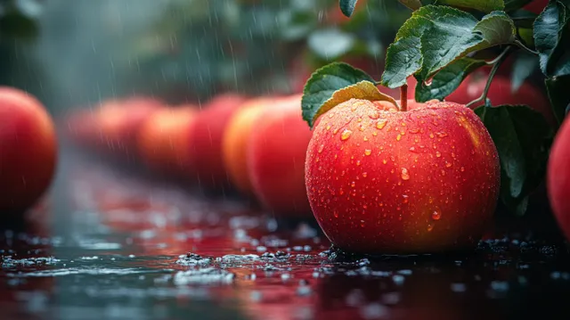 Red apples on wet orchard table with blurred fruit rows and raindrop highlights
