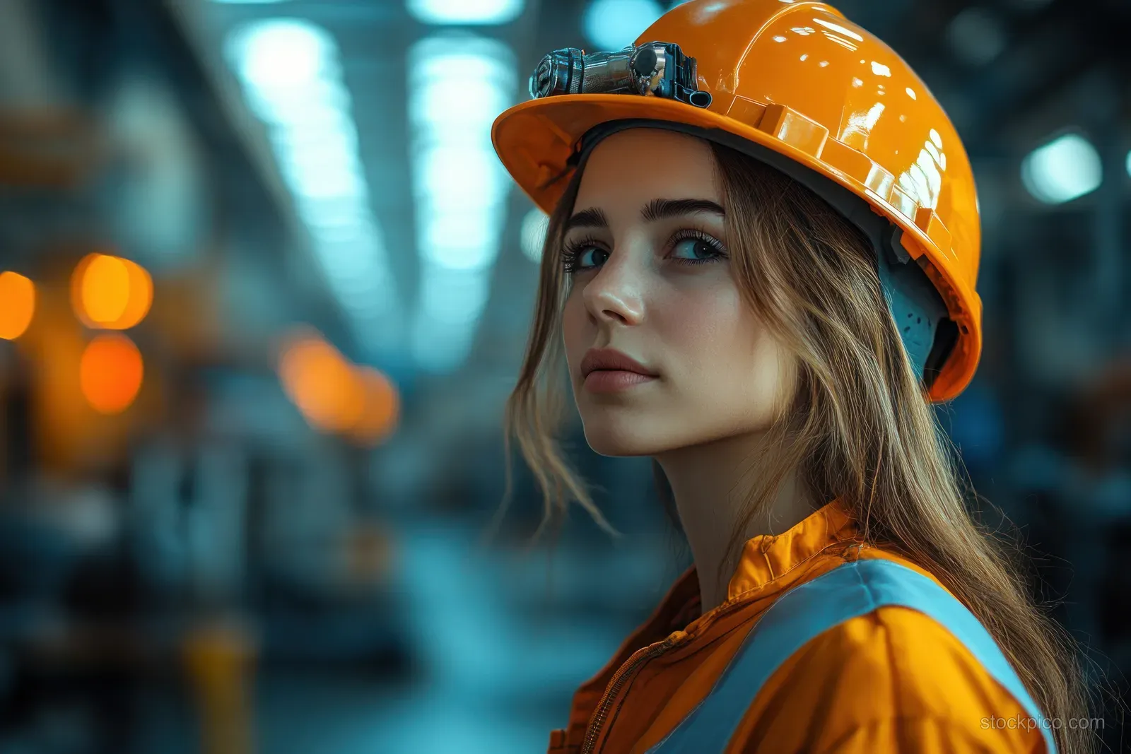 Female engineer wearing an orange hard hat and safety vest stands in an industrial workshop with blurred machinery in the background.
