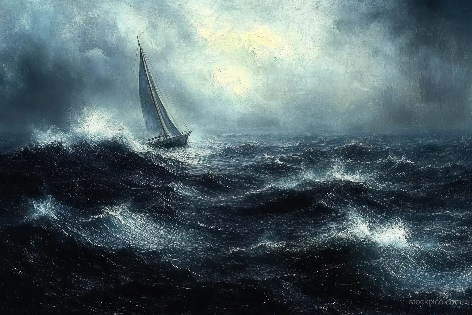 A sailboat leans against towering waves during a storm while dim sunlight breaks through clouds.