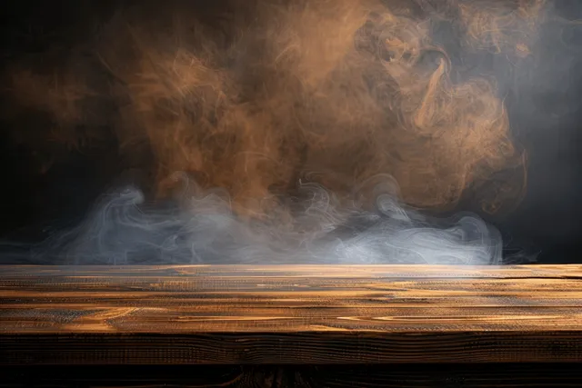 Empty wooden tabletop with swirling smoke rising over a dark background.