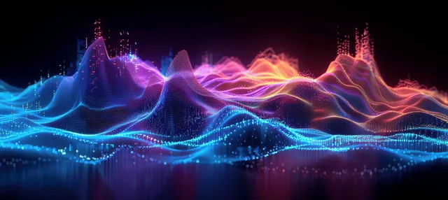 Glowing blue and purple 3D sound waves ripple across a dark background with bright spectral peaks and sparks.