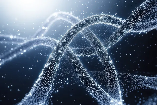 Glowing particle DNA helix wireframe curves across a dark medical research background with data-like connections.