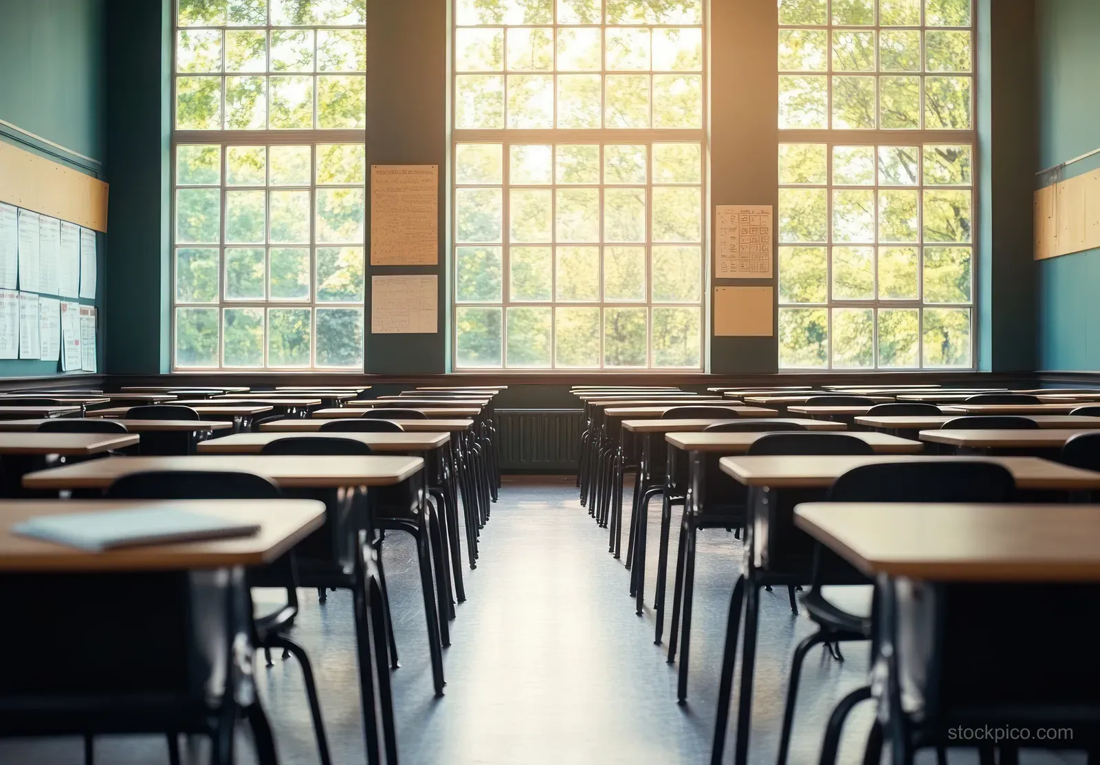 Empty classroom rows of desks lit by warm sunlight through large windows showing green trees outside.