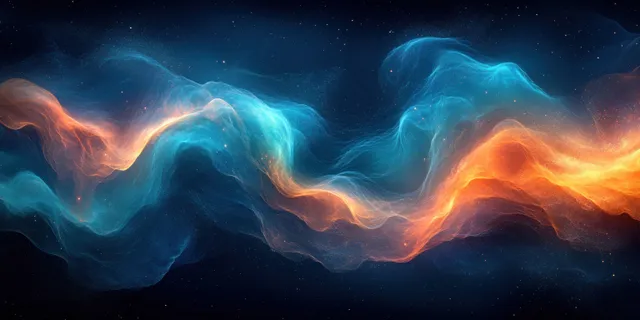 Neon blue and green wavy light streams with glowing contrast on dark space backdrop