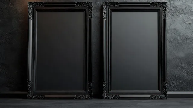 Two empty ornate black rectangular picture frames lean against a dark textured wall in dim light.