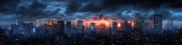 Futuristic neon skyline at dusk with tall skyscrapers under storm clouds and glowing city lights.