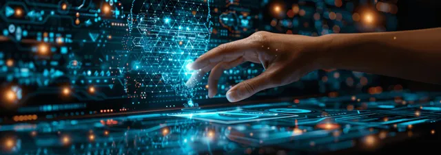 Gloved hands over glowing holographic course timeline in a networked digital learning interface