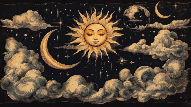 Glowing sun face with crescent moons, stars, clouds, and a planet across a dark night sky.
