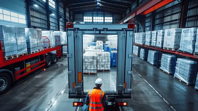 A worker in a high-visibility vest stands at the open reefer truck door beside frozen pallet boxes in a warehouse.