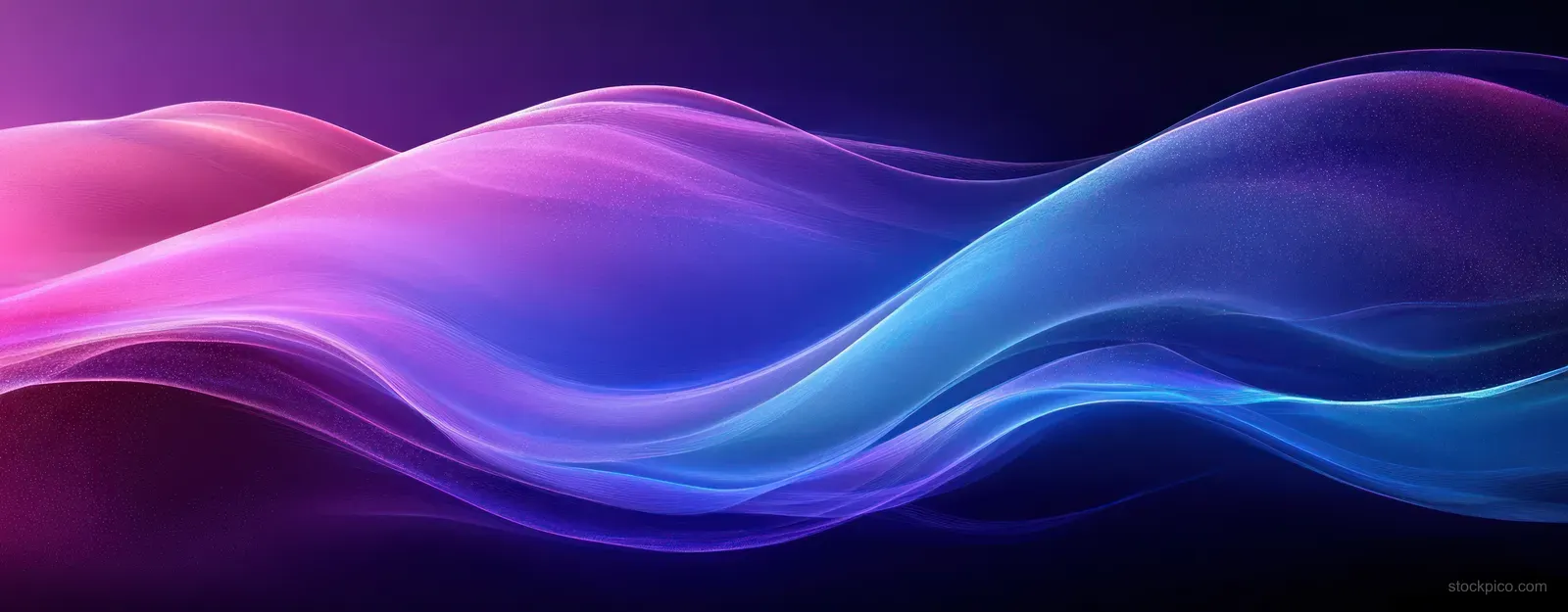Glowing blue and purple wave ribbons flowing across a dark abstract gradient background.