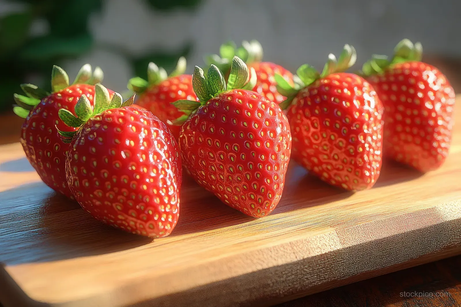 Sunlit ripe strawberries lined on a wooden board with textured red surfaces and green tops.