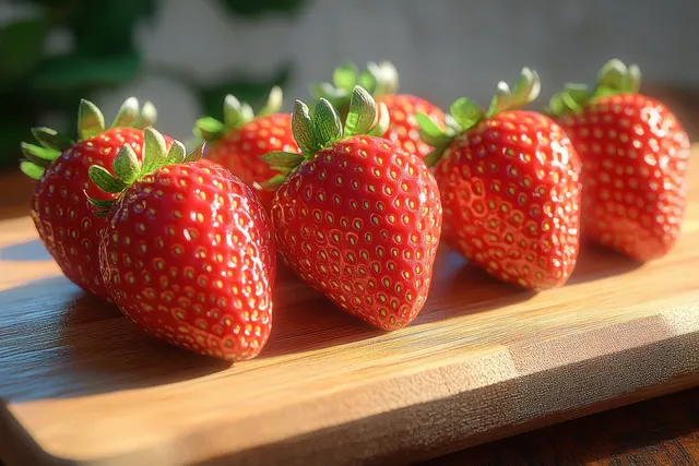 Close-up of ripe strawberries in a row on wood, sunlit red texture