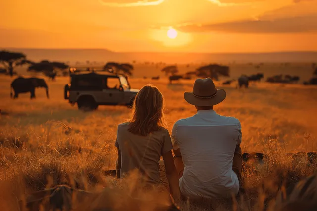 A couple in hats walks on African savanna grass as a safari jeep sits nearby during a golden sunset.