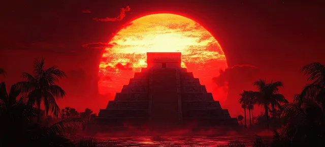 Silhouetted stepped pyramid under a fiery red sunset with palm trees and misty foreground.