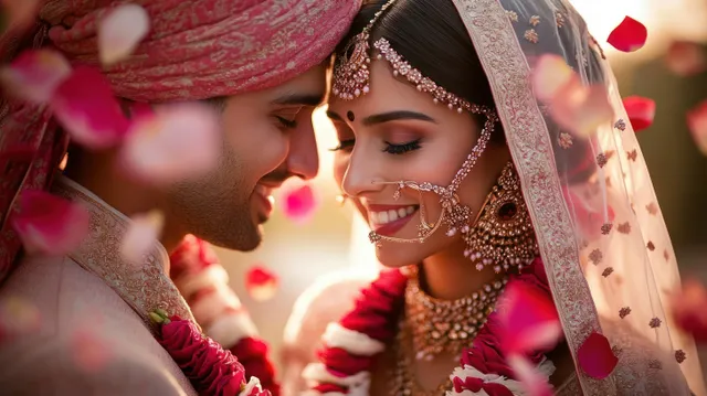 A bride and groom in traditional wedding attire smile face-to-face as rose petals fall around them.