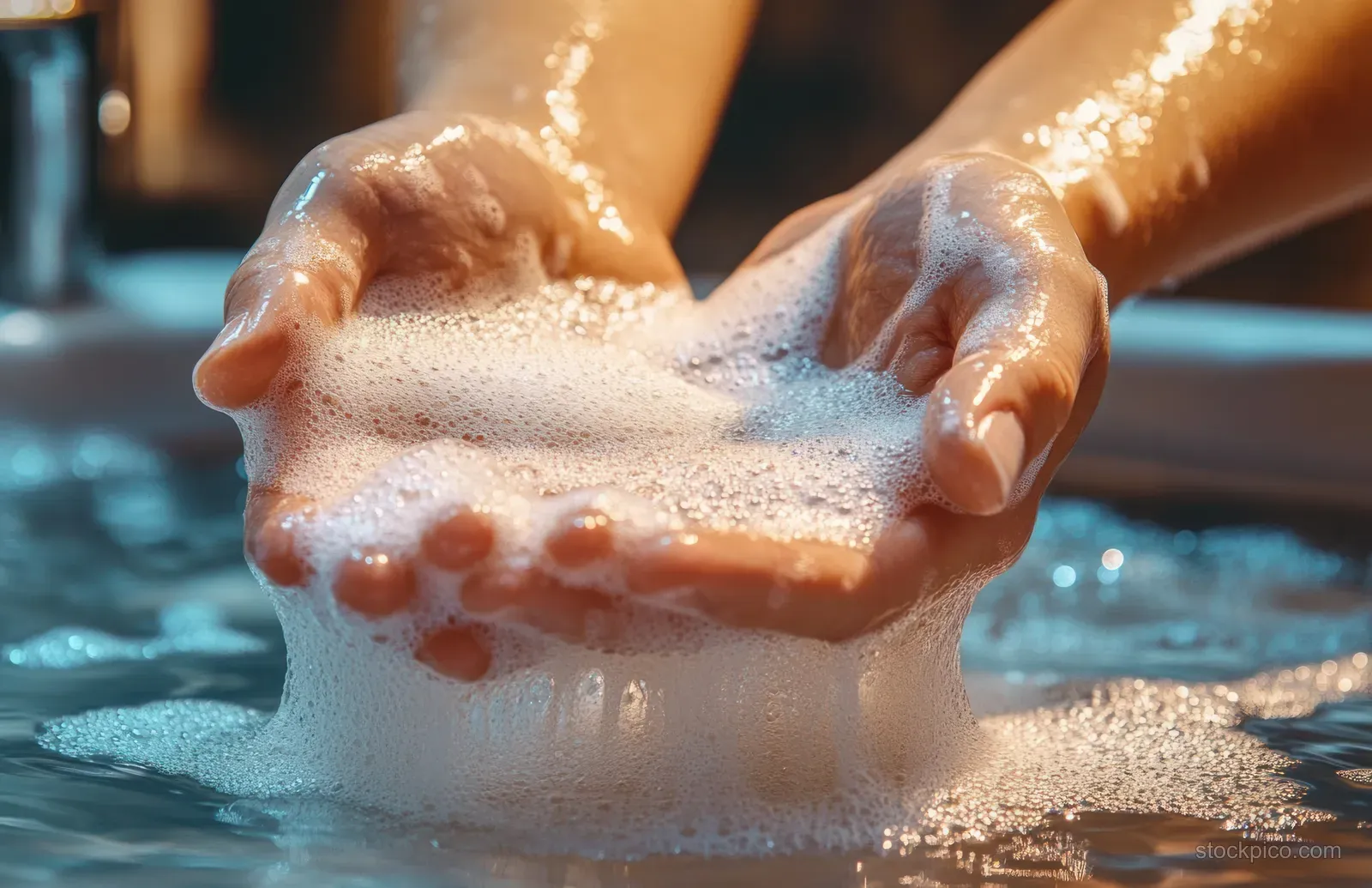 Close-up of hands rubbing soap foam under running water in a bathroom sink with bubbles.