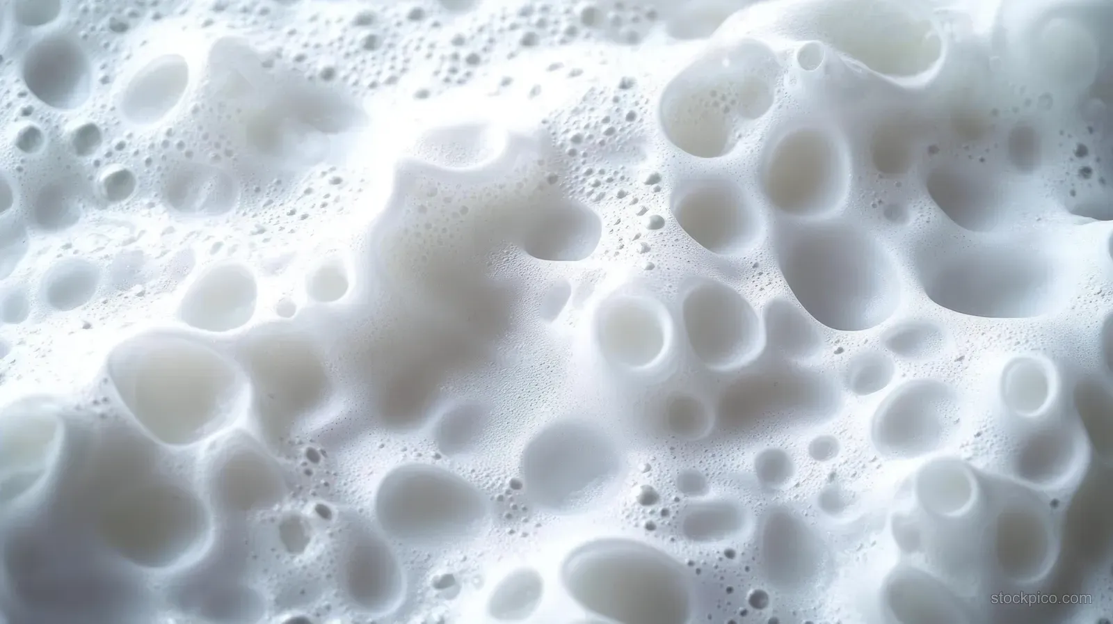 Macro close-up of white foamy liquid with mixed-size bubbles creating an airy glossy surface.
