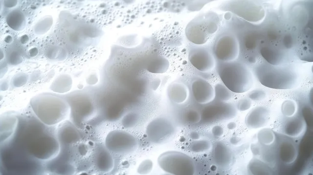 Macro close-up of white foamy liquid with mixed-size bubbles creating an airy glossy surface.