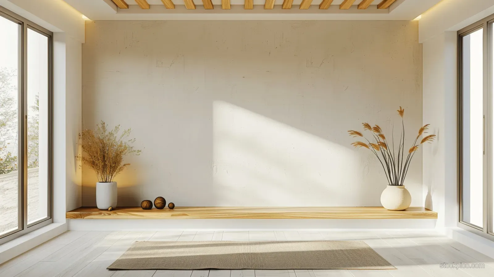 Light beige yoga room interior with windows, minimalist wooden shelf, decor items, and a yoga mat on parquet flooring.