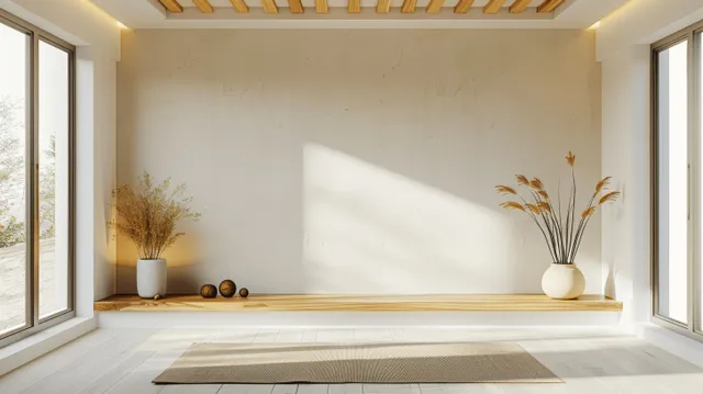 Light beige yoga room interior with windows, minimalist wooden shelf, decor items, and a yoga mat on parquet flooring.
