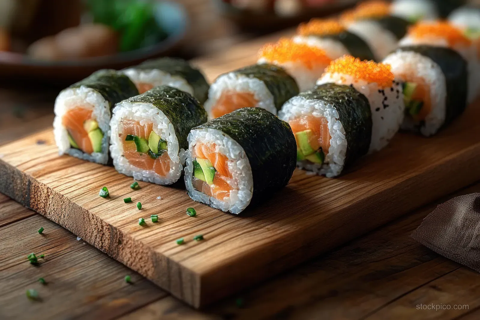 Freshly cut salmon sushi rolls sit on a wooden board with cucumber, avocado, nori, and scattered green herbs.