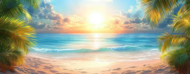 Sunlit tropical beach with palm leaves framing a calm ocean and bright horizon